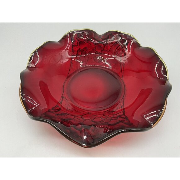 LG Wright Ruby Red Crimped Round Fruit Bowl Embossed Vintage 1960's to 70's Glow - Picture 7 of 16